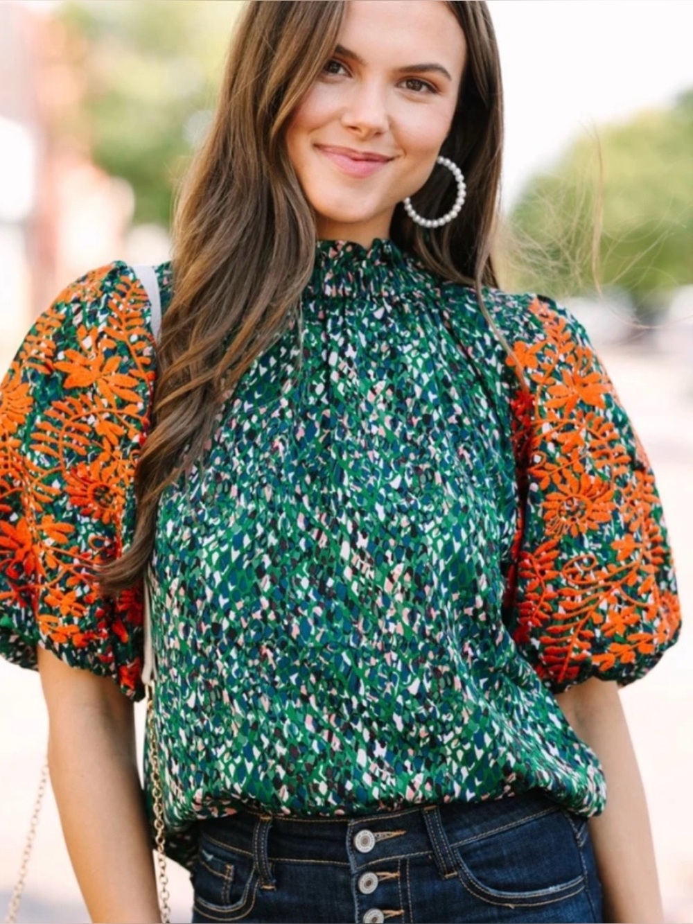 THML Green Abstract Print Orange Embroidered Puff Sleeve Blouse Top Size Medium